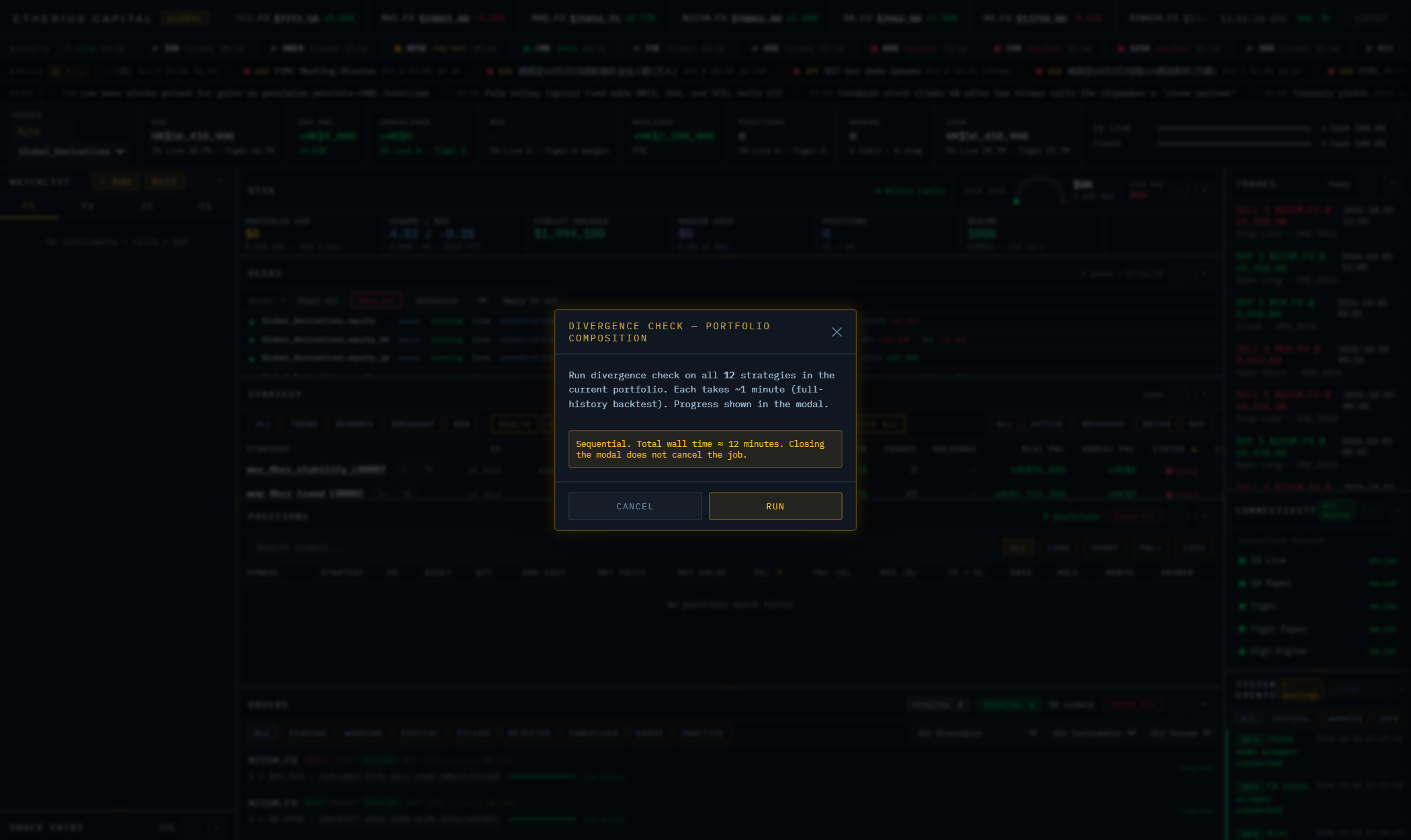 Trading terminal: divergence check across every strategy of the live portfolio